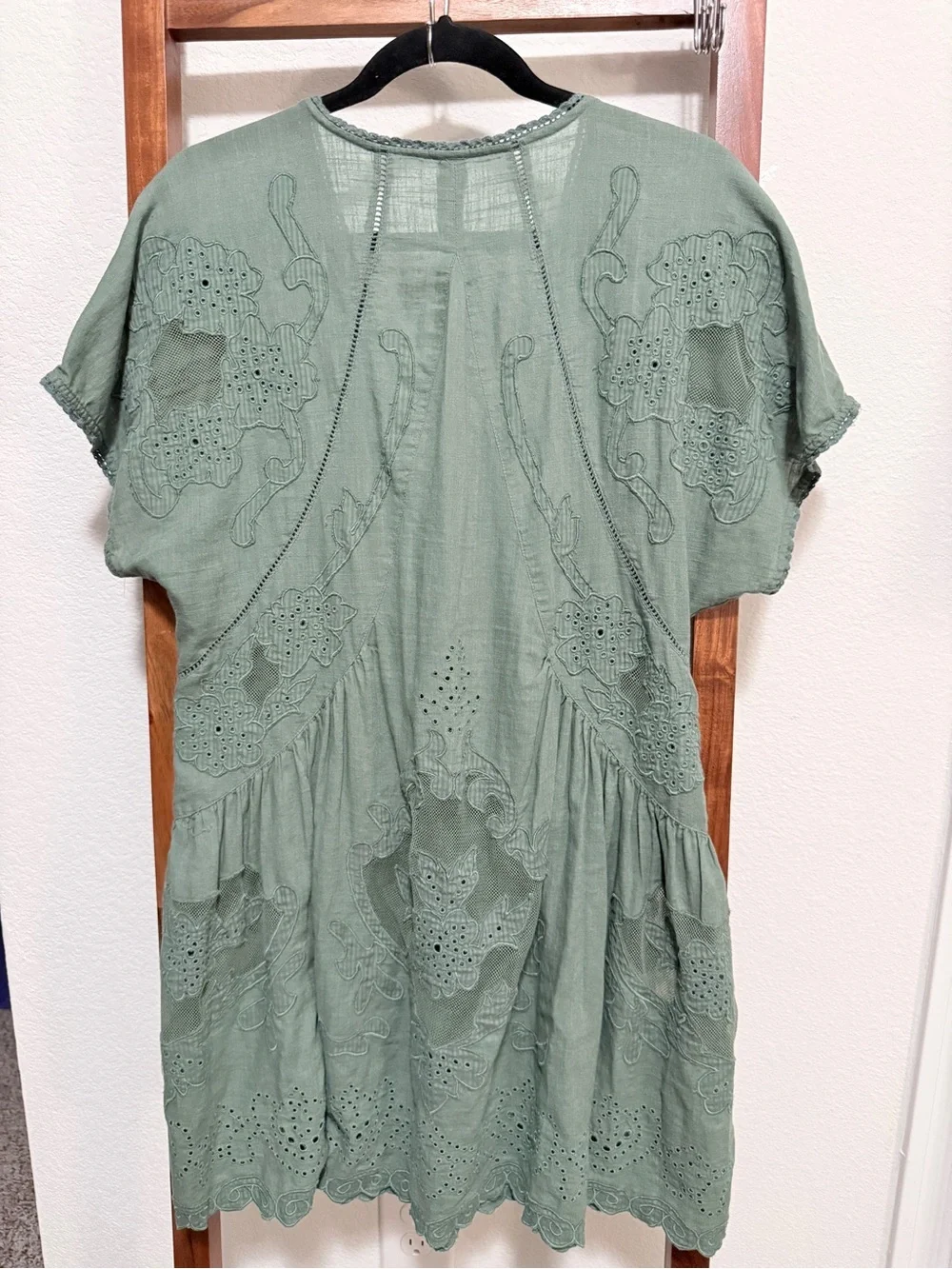 Free People Embroidered Sage Green V-Neck Tunic Dress Size M